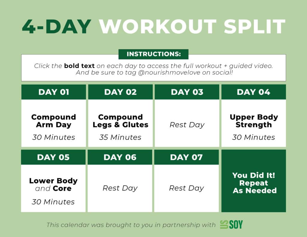 Calendar of 7-day workout plan with 4-day workout split outlined