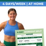 Woman smiling behind calendar of 4 day workout split for busy women