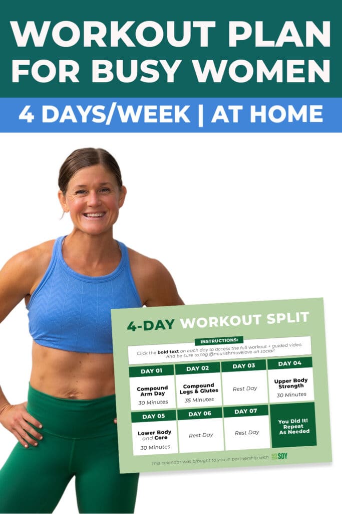 Woman smiling behind calendar of 4 day workout split for busy women