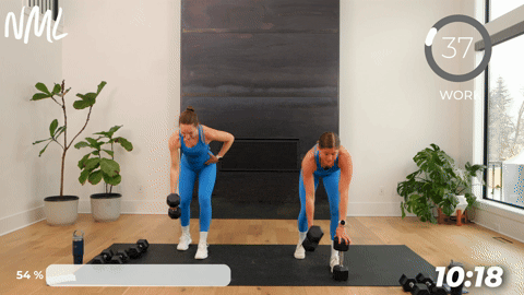 two women performing a dumbbell single arm row in a 20 minute strength workout