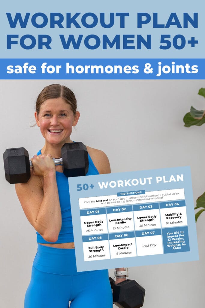woman smiling with calendar overlay showing workout plan for woman over 50