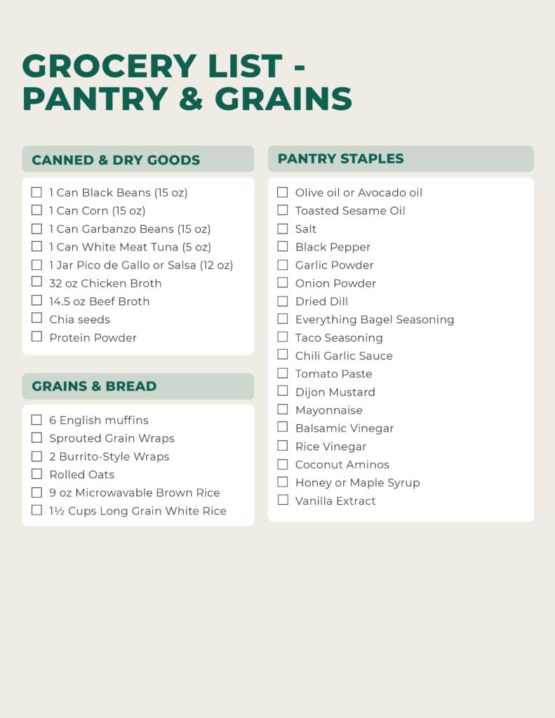 Budget Meal Plan grocery list with canned good, dry goods, grains, breads and pantry staple items.