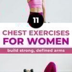 Woman performing standing chest fly as part of chest workouts roundup