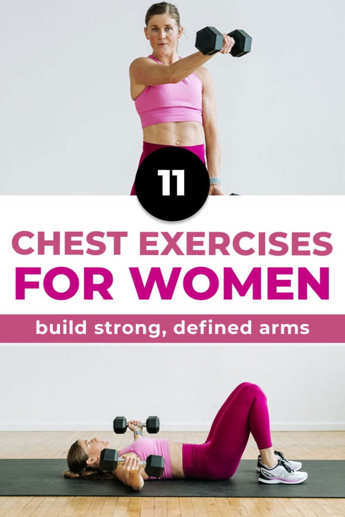 Woman performing standing chest fly as part of chest workouts roundup