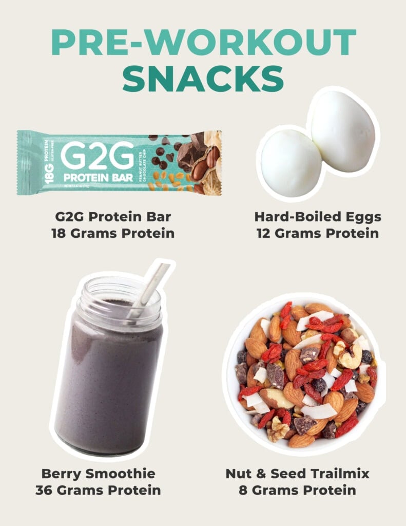 pre-workout snacks including protein bars, hard boiled eggs, berry protein smoothie, and trial mix.