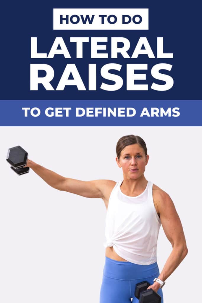 Woman in white tank performing lateral raise with dumbbells