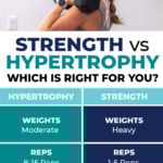 woman holding dumbbell at shoulder explaining difference between strength training and hypertorphy training