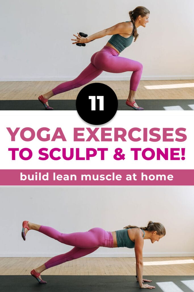 Woman performing 2 different yoga exercises to build lean muscle