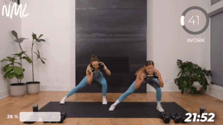 demonstration of lateral lunge and standing crunch as part of core workouts at home