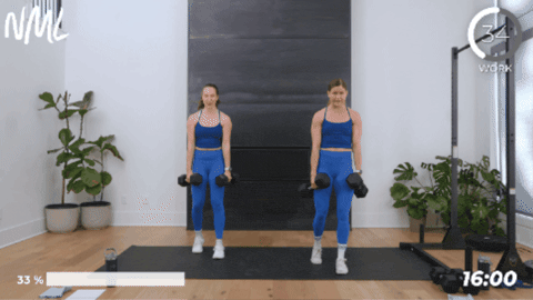 2 women performing a staggered deadlift with dumbbells as part of legs and back workout