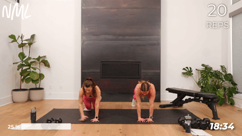 two women performing side to side push ups in a leg and chest workout at home