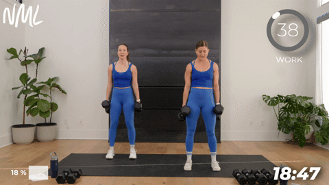 two women performing squats with dumbbells.