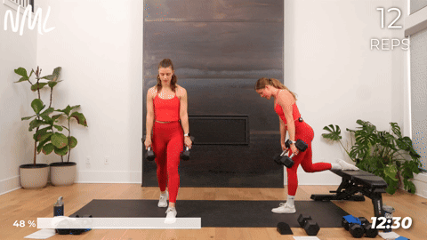 one woman performing bulgarian lunges and one woman performing split lunges in a lower body workout