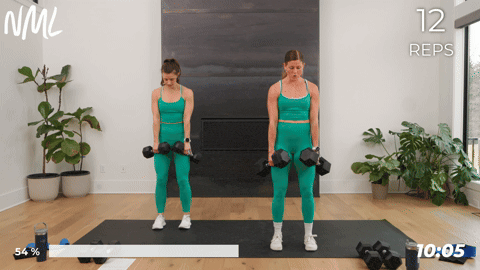 two women performing a romanian deadlift in a leg and glute workout