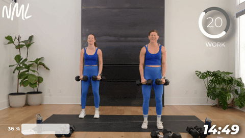 two women performing lateral shoulder raises with dumbbells.