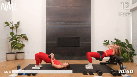 one woman performing hip thrusts and one woman performing glute bridges in a lower body workout at home
