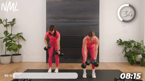 two women performing alternating back rows with dumbbells.