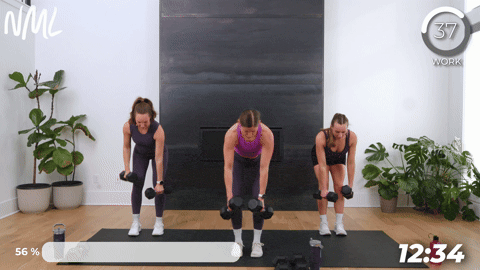 three women performing alternating back rows in an at home full body workout