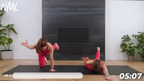 two women performing pilates swimmers in a mat pilates workout