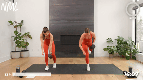 Two women doing a Single Leg Deadlift + Uneven Single Arm Back Row as part of a calves and core workout. 