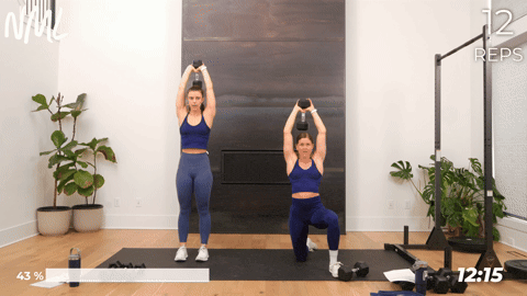 One women performing overhead triceps from a standing position and one women performing kneeling overhead tricep extensions.