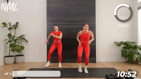 two women demonstrating wide to narrow fast feet in a walking workout