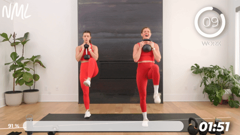 two women performing goblet marches in a 20 minute kettlebell workout