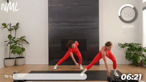 two women demonstrating a lateral lunge and high knees in a walking workout