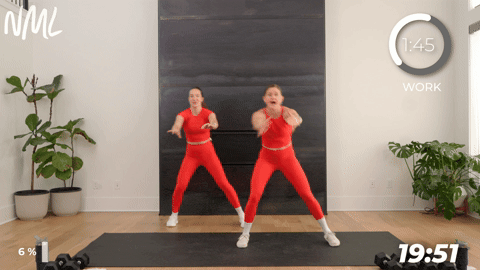 two women demonstrating bodyweight hamstring curls in a walking workout at home