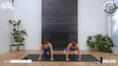 two women performing push ups and arm extensions in a 10 minute hiit workout