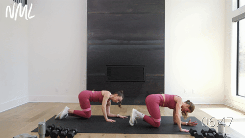 two women performing a fire hydrant lift and kick with a band in a knee friendly leg workout