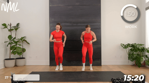 two women performing on off mat runs in a walking workout at home
