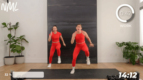 two women performing a lateral heisman runner in a walking workout at home