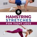 woman performing 2 hamstring stretches including a deadlift and donkey kick as part of the most effective hamstring exercises