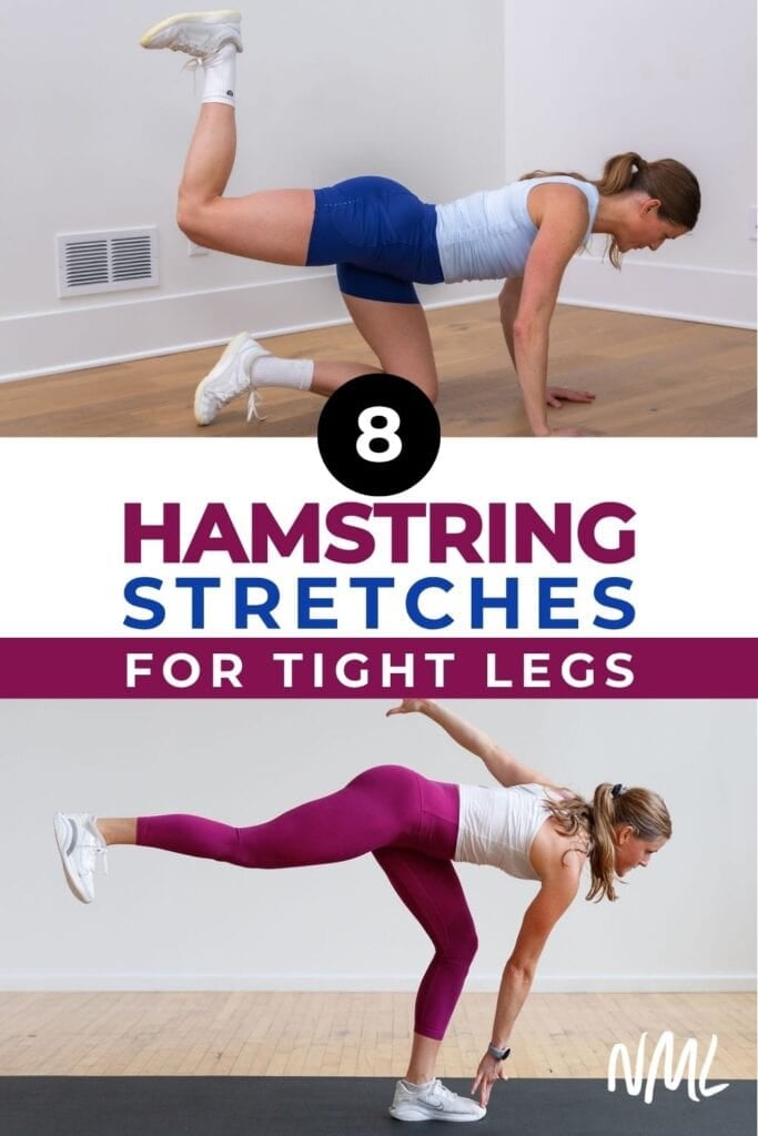 woman performing 2 hamstring stretches including a deadlift and donkey kick as part of the most effective hamstring exercises