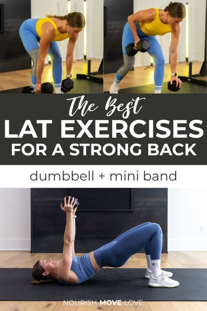 The best lat exercises for strong back graphic with deadlifts, single arm back row and glute bridge hold with lat pull over. 