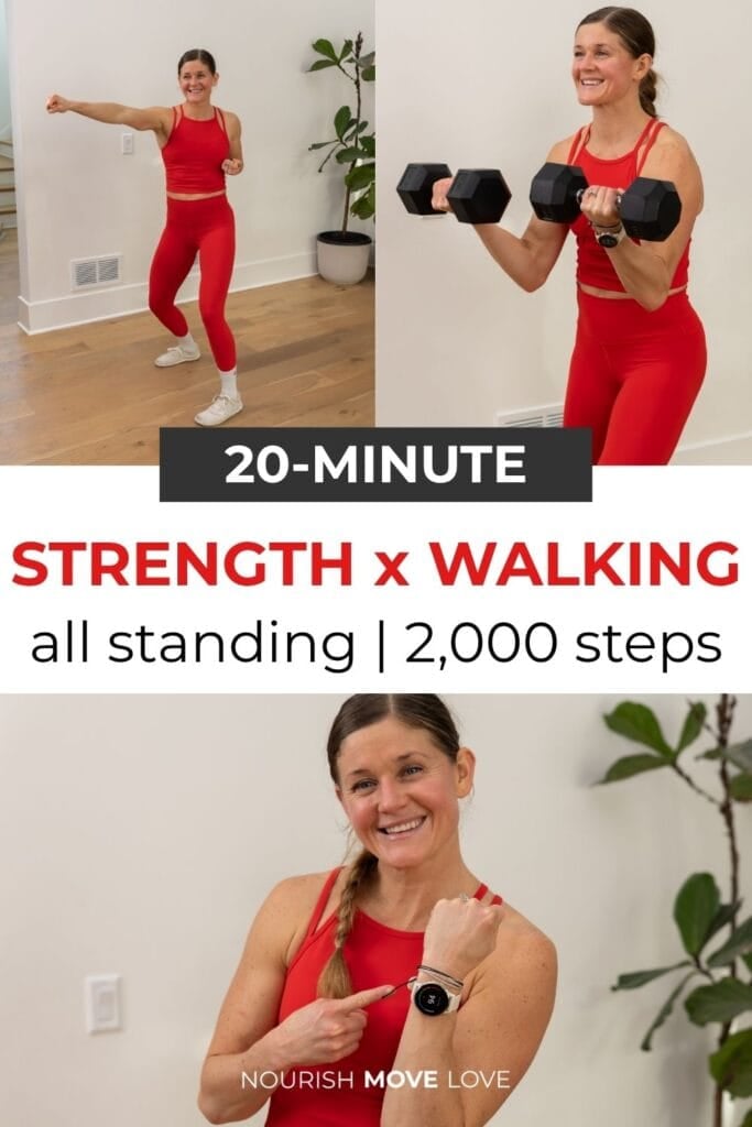 woman performing walking exercises to demonstrate a strength and walking workout at home