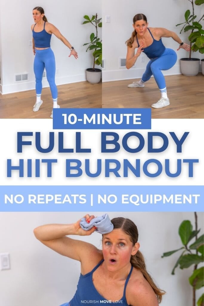 10 minute full body HIIT burnout graphic with a squat, lateral lunge