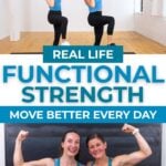 Two women doing exercises moves as part of a functional strength training graphic