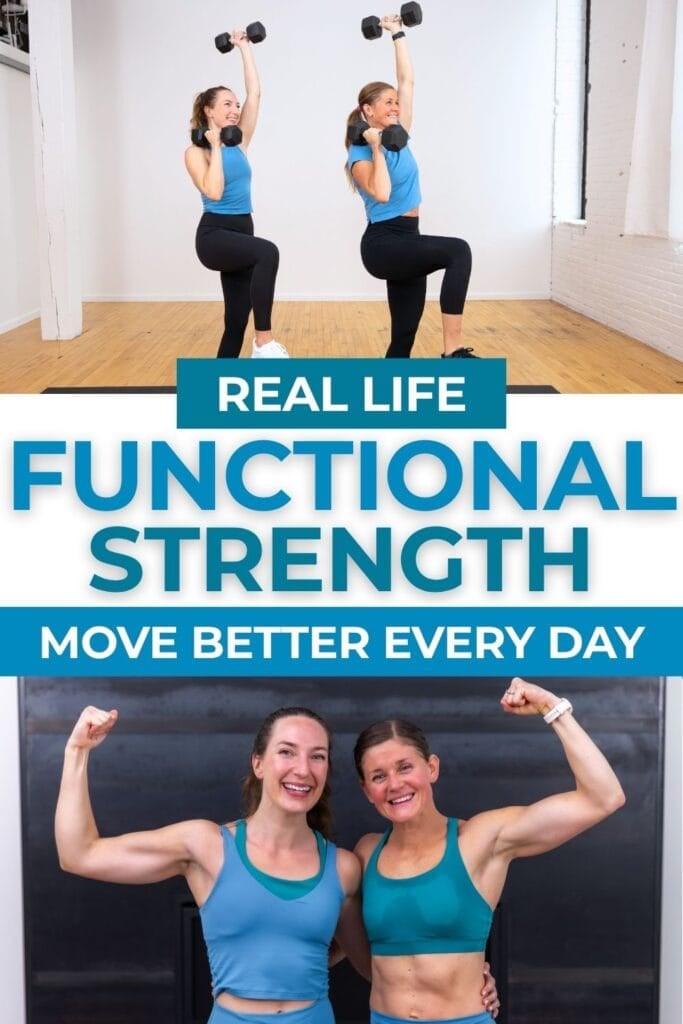 Two women doing exercises moves as part of a functional strength training graphic
