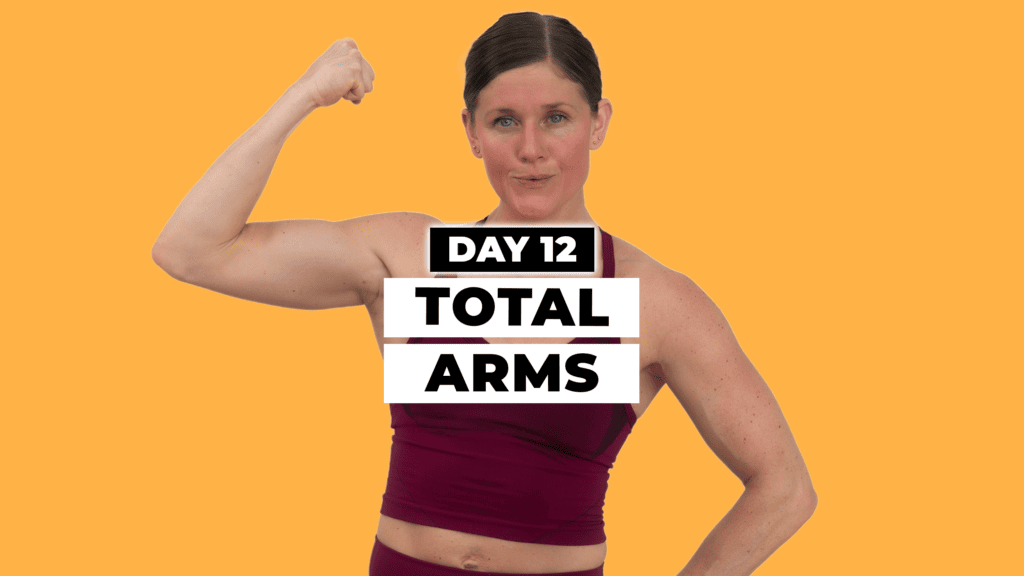 Day 12 of Max 20 workout program: Total arms. Woman flexing bicep in background.