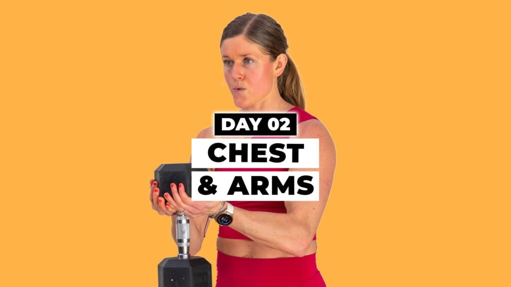 Day two of Max 20 Workout Program: Chest & Arms. Woman holding dumbbell in background.