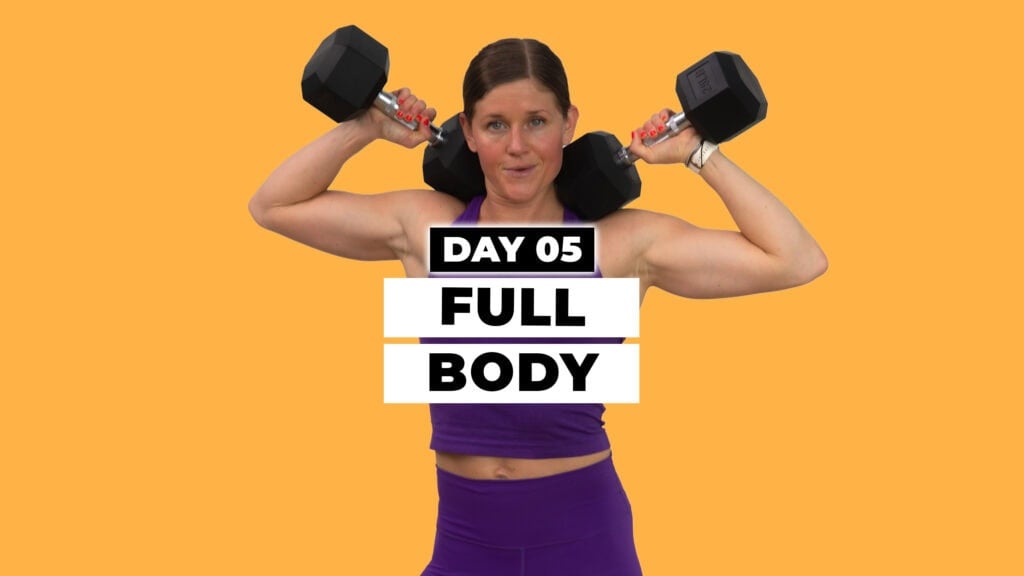 Day five of Max 20 Workout Program: Full Body. Woman holding dumbbells in background.