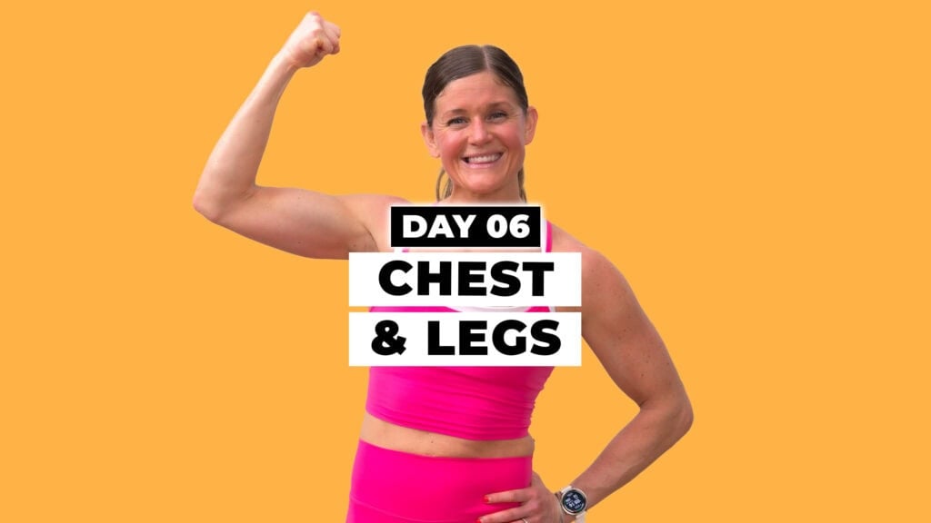 Day six of Max 20 Workout Program: Chest & Legs. Woman flexing bicep in background.
