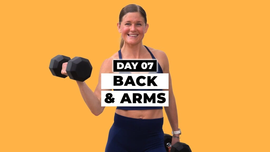 Day seven of Max 20 Workout Program: Back & Arms. Woman holding dumbbells in background.
