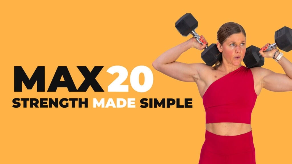 Woman flexing with Max 20 branding overlay describing how this functional strength training program makes strength training simple.