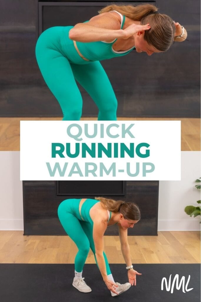A PDF of a quick running warm-up of a woman doing a good morning and hamstring scoop from a standing position