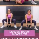 Lower body moves to tone and strengthen thighs PDF with women doing a sumo squat and glute bridge