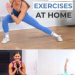 The thigh exercises PDF PDF with women doing a lateral lunge, squat and clamshell.