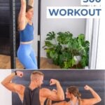 Women doing a dead hang on a pull up bar and a male and female flexing.